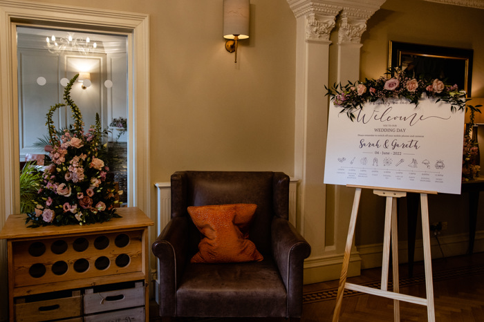 Wedding information board and flowers